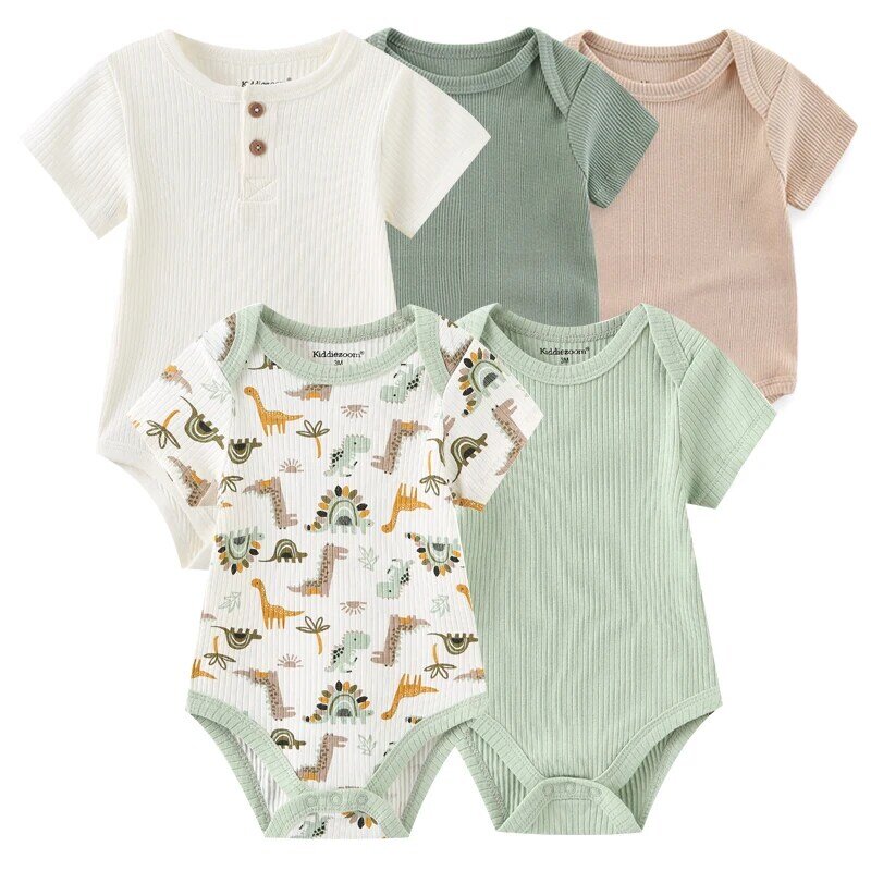 Bodysuit bayi baru lahir uniseks, baju bayi perempuan 5 potong warna Solid, Set pakaian bayi laki-laki katun, motif kartun musim panas Bebes