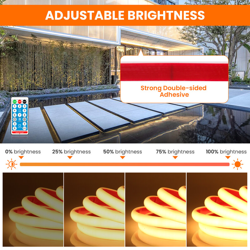 Bande lumineuse LED solaire pour extérieur, étanche IP68, ruban LED COB, 12V, 320 gible/m, haute densité, ruban flexible, guirxiété lumineuse solaire