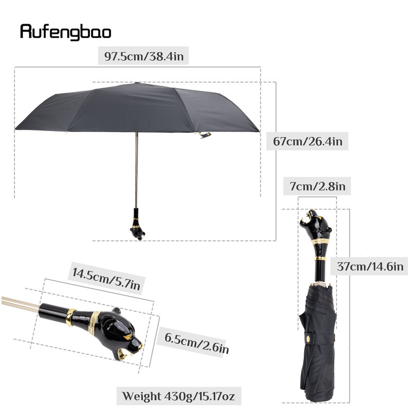 Payung pria wanita gagang macan tutul hitam, payung otomatis lipat pelindung UV payung tahan angin dan hujan