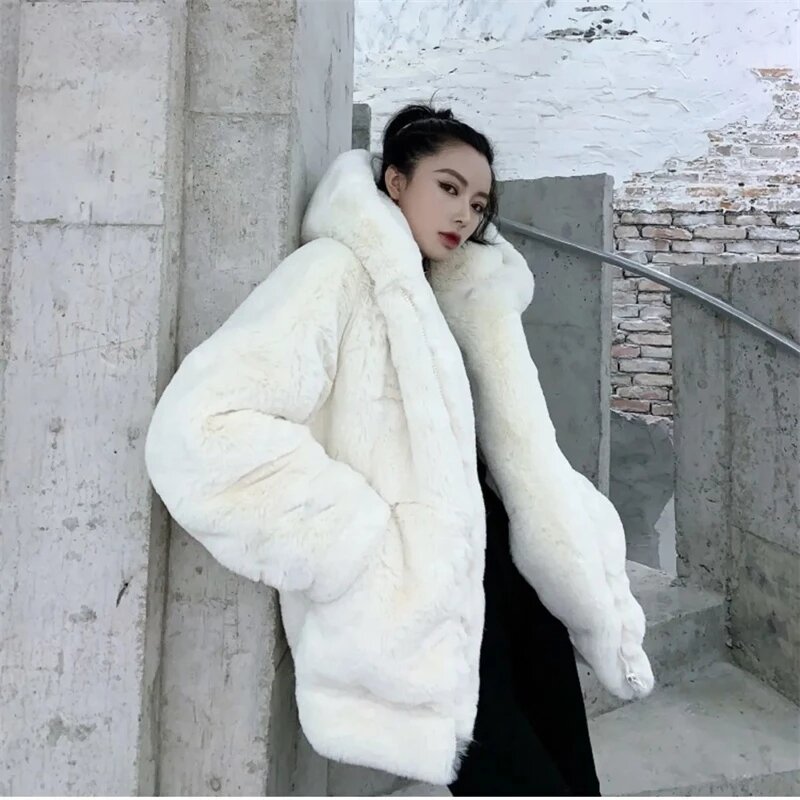 2024 Autumn Winter Faux Fur Coat Female Thick Furry  Imitation Mink Rabbit Fur Jacket Women Hooded Long Sleeve Faux Leather Coat