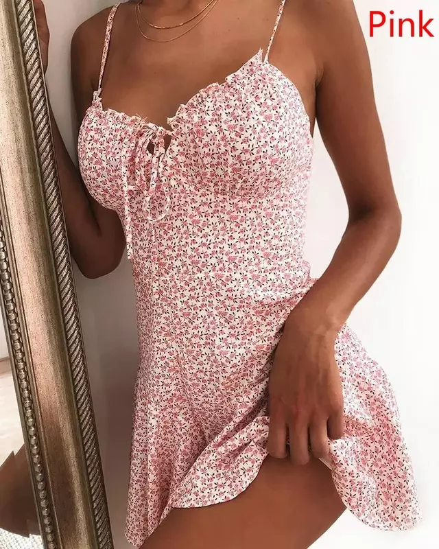 2023 kobiet letni Spaghetti z kwiatowym z nadrukiem krawatów z przodu Mini sukienka seksowna sukienka w stylu plażowym nowa, dopasowana spódnica w kwiaty