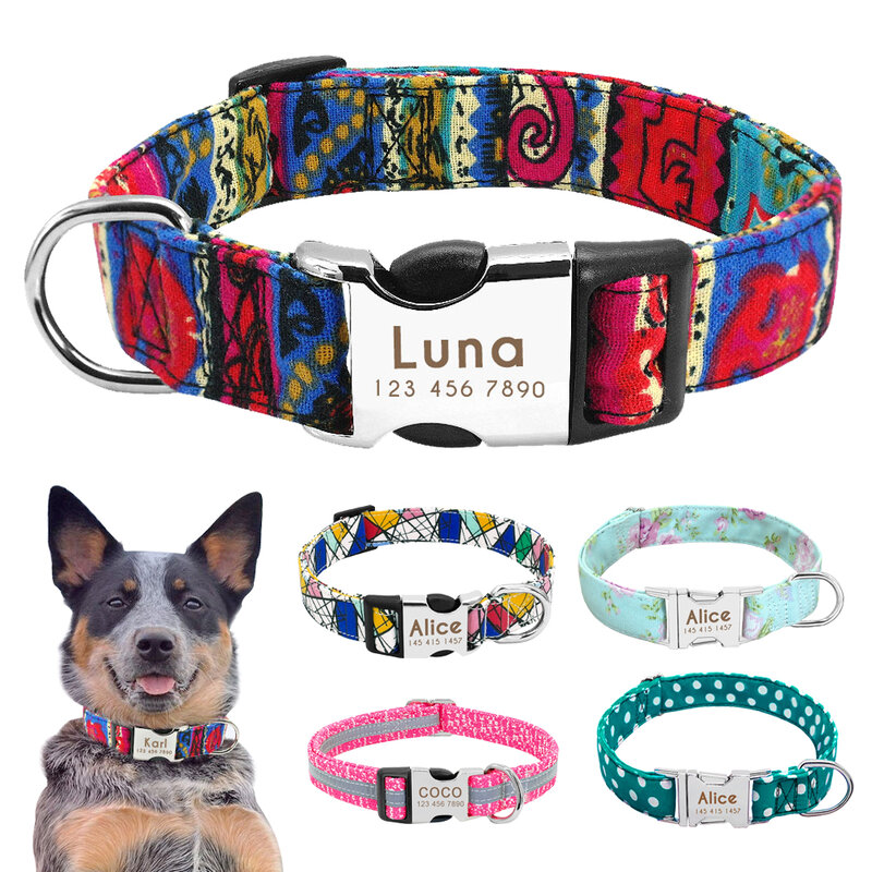 Collare per cani in Nylon collare per animali personalizzato targhetta identificativa incisa targhetta riflettente per cani di taglia piccola e media Pitbull Pug