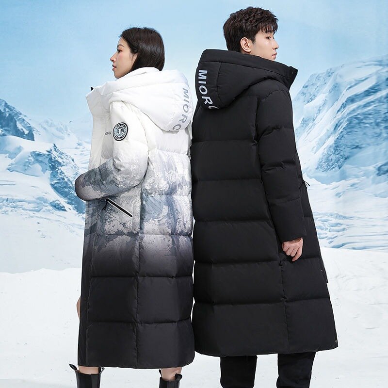 Męska zimowa kurtka puchowa zimowa nowa moda męska i damska w tym samym stylu długo poniżej kolan z kapturem ciepłe parki na co dzień