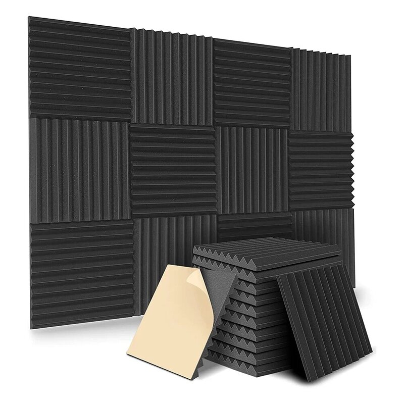 Panel akustik berperekat 12 Pak, panel busa Kedap suara, panel dinding kedap suara kepadatan tinggi untuk rumah (hitam)