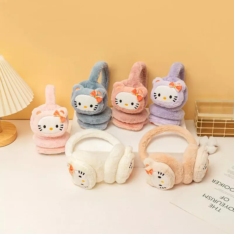 Sanrio Hello Kitty Earmuffs para meninas, Cartoon Heart Ear Bags, Soft Plush Earmuffs, Mantenha Quente, Anticongelante Proteção Fria, Ao ar livre, Inverno