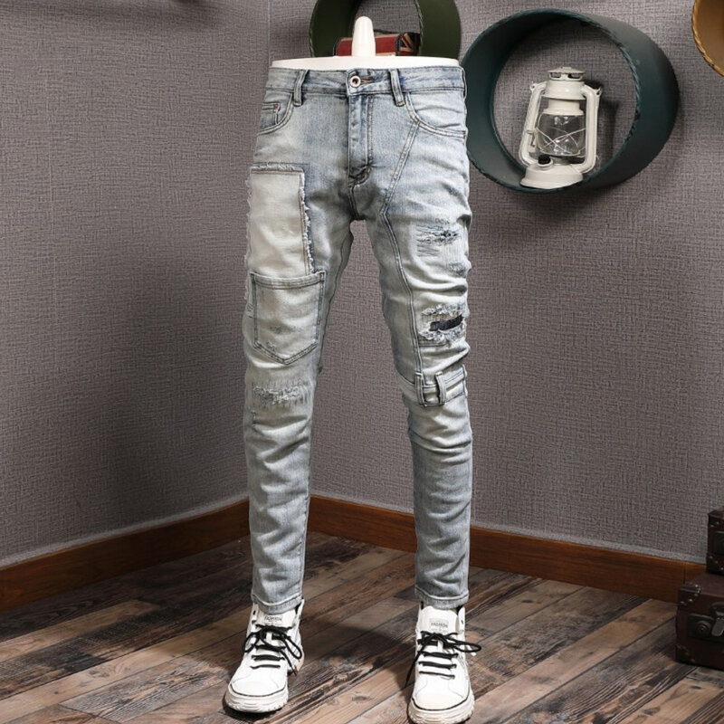 Jeans Pria Ala Jalanan Mode Jeans Sobek Vintage Ramping Pas Badan Ketat Biru Muda Retro Celana Hip Hop Desainer Tambalan Pria Hombre
