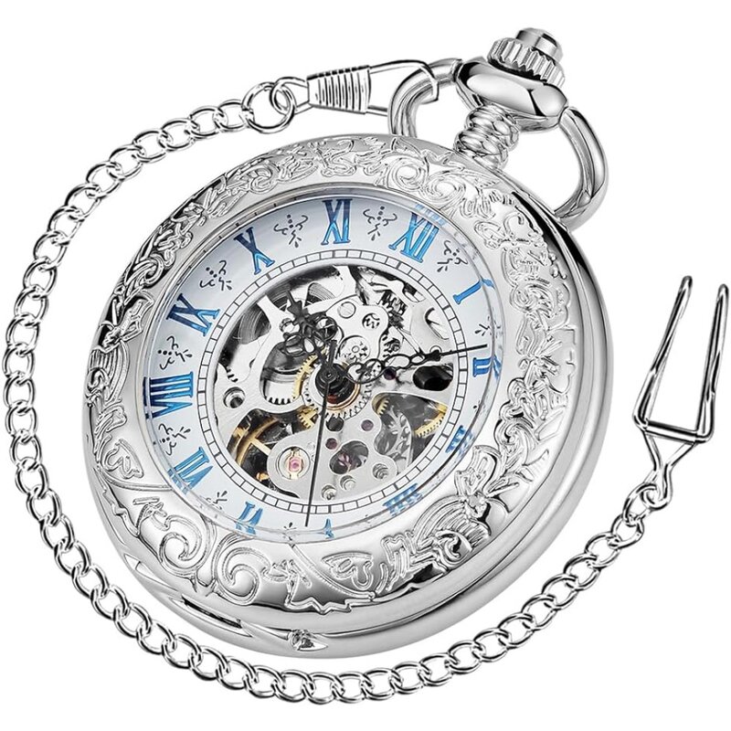Jam tangan saku Steampunk, tengkorak mekanik, putaran tangan setengah pemburu perak hitam emas, casing angka Romawi reloj hombre