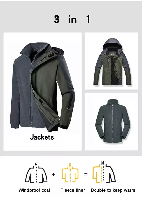 남녀공용 겨울 따뜻한 스키 후드 재킷, 방풍 방수, 내마모성, 야외 하이킹 등반 코트, 3 in 1