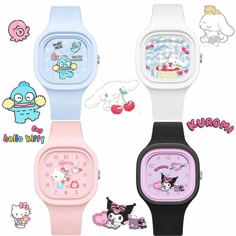 Anime Sanrio Cinnamoroll relógio quartzo para meninas, silicone para quatro quadrados doces, melodia casual dos desenhos animados, presente de aniversário para crianças, novo anime