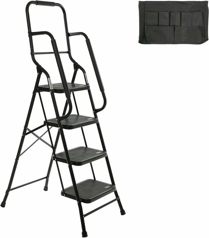 Alat tangga 4 langkah, tangga dapat dilipat bingkai baja portabel kit dapat dilepas untuk proyek rumah kantor (hitam) tangga