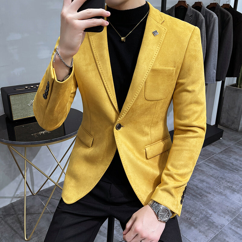 Jaqueta de couro de camurça masculina, blazer fino, roupa casual, terno de 6 cores, Hombre, 2023