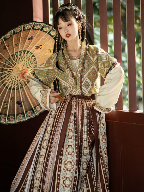 Estilo chinês tradicional hanfu para meninas, vestido de dança folclórica, flor antiga, dinastia Ming, novo