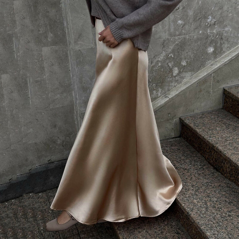 Dames Satijn Hoge Taille Lange Rok Dames Elegante Effen Streetwear Mode Veterschoenen Slanke Y 2K Outfits Voor Vrouwen Maxi Rok