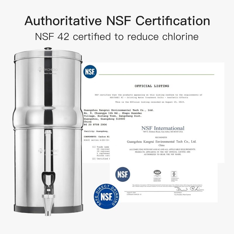 Système de filtre à eau alimenté par gravité, dessus de seau en acier inoxydable 372G avec 2 éléments noirs, norme NSF/ANSI 42 et 2.25