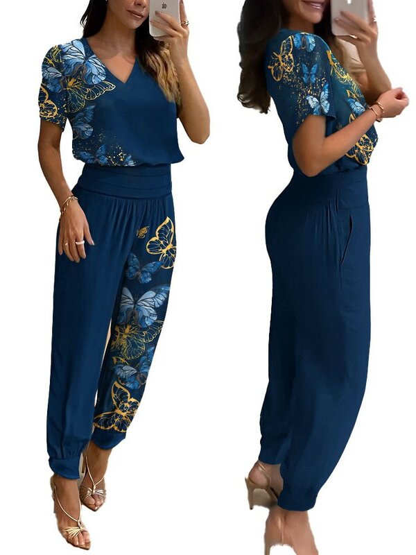 2024 New Long Pant Sets Summer Fashion Casual V-neck Print Short Sleeve Trousers Suit Two-piece Set 2 Piece Sets Women Outfit