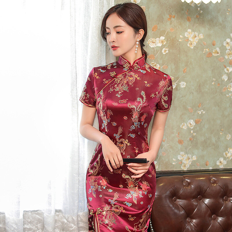 Robe Cheongsam longue Dragon et Phénix pour femmes, Qipao de style chinois, robe classique vintage, grande taille, sexy, éducative, 4XL