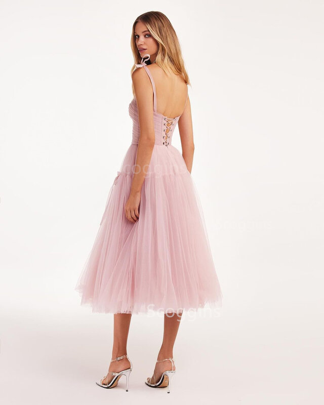 Gaun untuk Prom penyiangan gaun Prom merah muda tali Spaghetti seksi punggung terbuka berjenjang Suspender gaun pesta Tulle gaun wanita