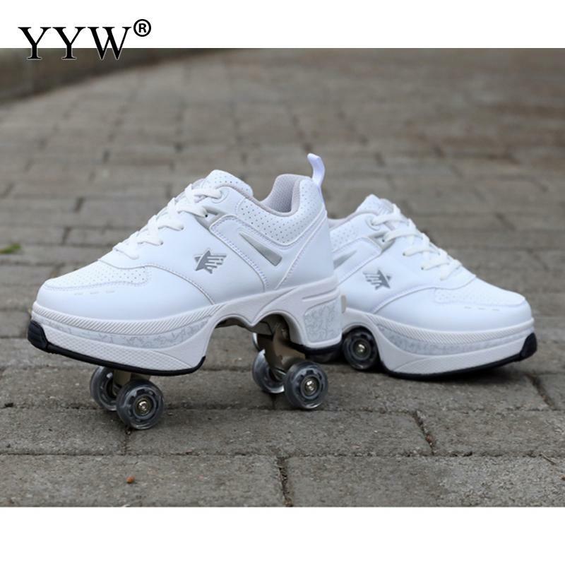 Pu Leather Kids 4 Wheels Roller Skate Shoes Casual Deformation Parkour Sneakers Skates For Rounds Adult Of Running Sport Shoes