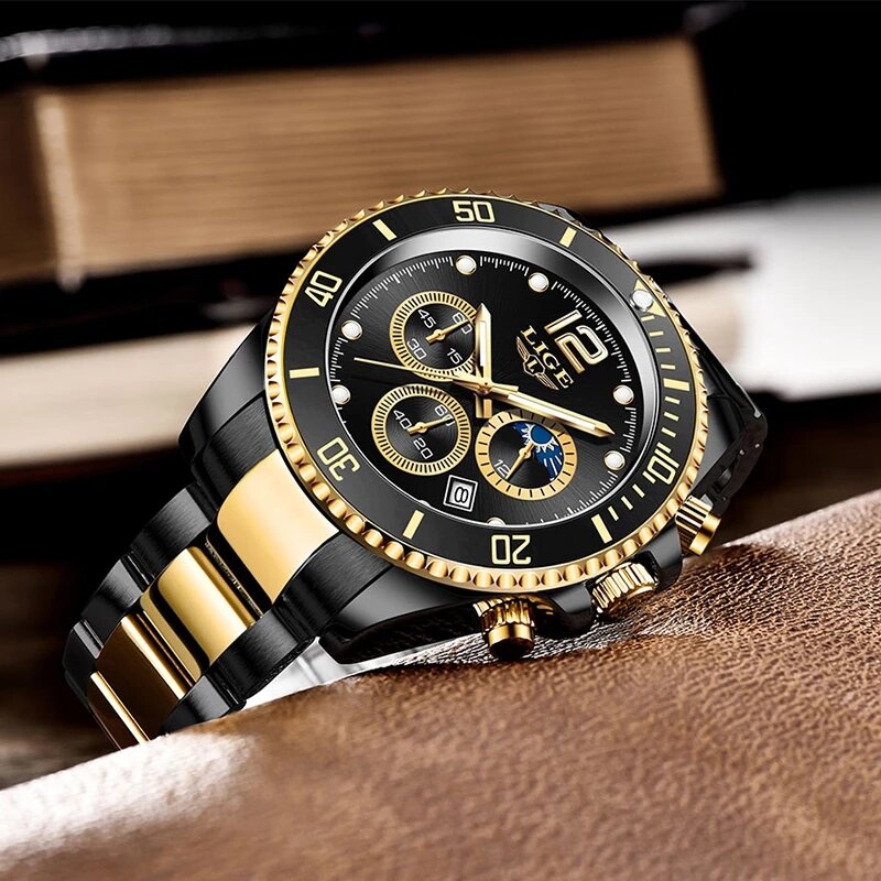 LIGE – grand chronographe lumineux en acier inoxydable pour homme, montre-bracelet de Sport décontracté, Design créatif, horloge à Quartz