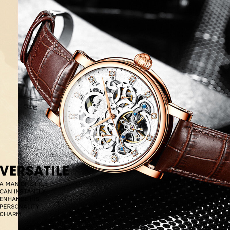 Mens Rose Gold Tourbillon Automatic Watches Skeleton Mechanical Wristwatch for Men Business Watches W/ Diamond Relogio Masculino