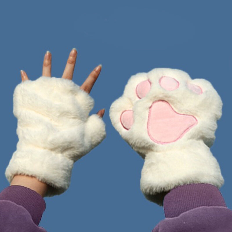 Gants de patte de griffe de chat de dessin animé pour femmes, mitaines en peluche, chaud, doux, court, sans doigts, moelleux, ours, costume mignon, demi-doigt