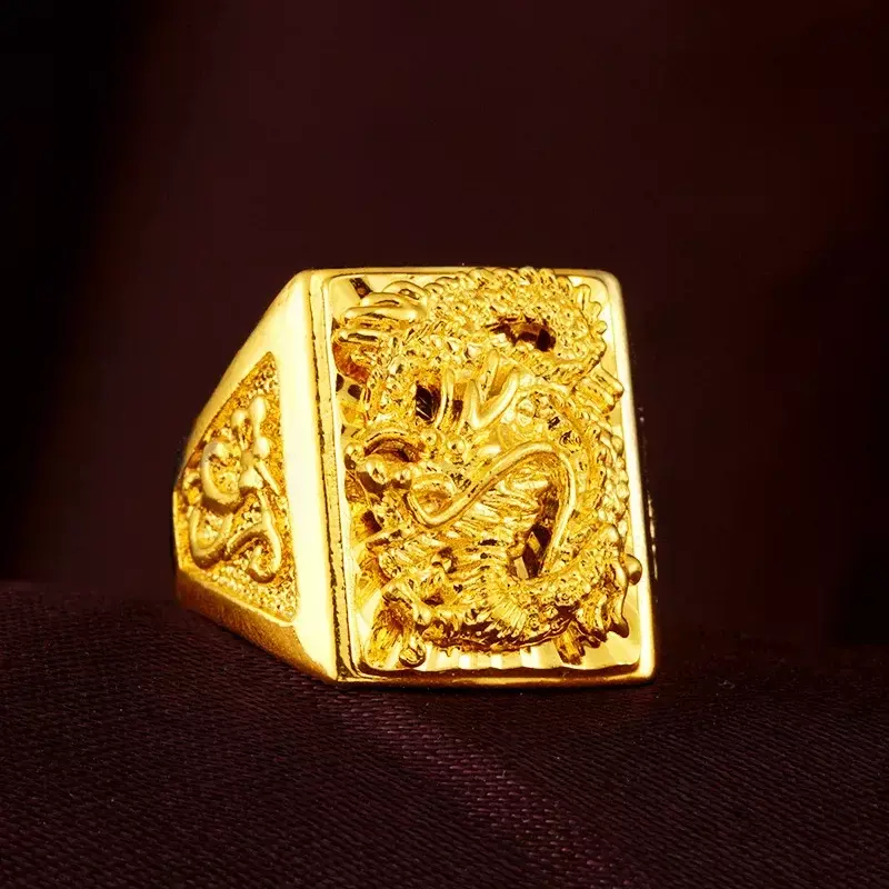 24 Karat reines Gelbgold Ring für Männer Luxus Gravur Drachen verstellbare Ringe Gentleman Hochzeits feier Schmuck Geschenk 2024 Trend
