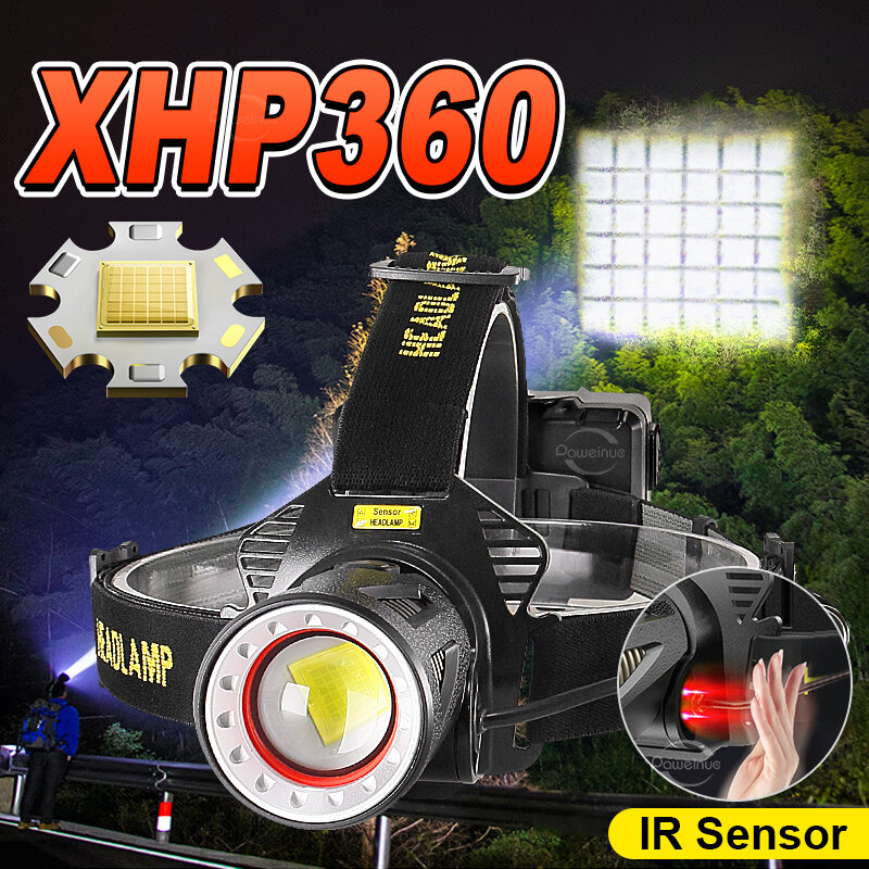 XHP360 Super Bright Long Range Zoomable Emergency Torch Powerful Led Headlamp Portable Outdoor Tactical Flashlight Power Display