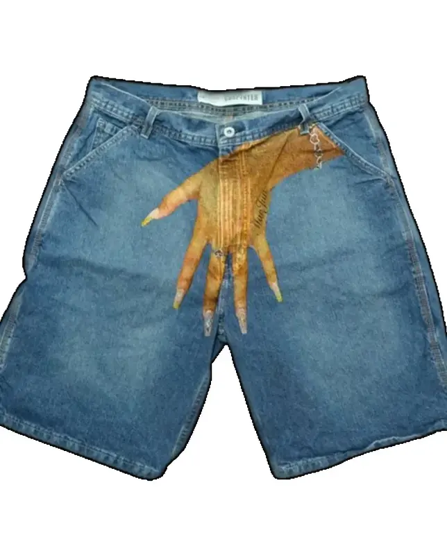 Pantalones cortos vaqueros holgados Y2K para hombre y mujer, Shorts vintage con estampado de dedos, estilo Hip Hop, Harajuku, gótico, de baloncesto, ropa de calle