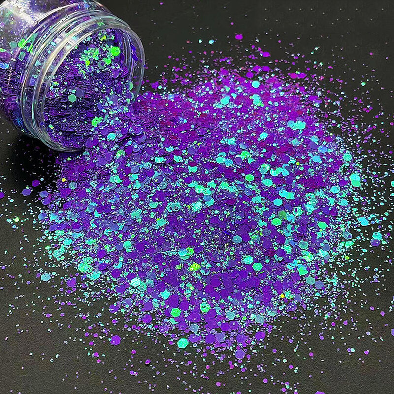Chunky niebieski/fioletowy/różowy AB kolor Shift Glitter Nail Art płatki 20 gramów holograficzne Hex-Custom poliester Spangles świecący cekiny