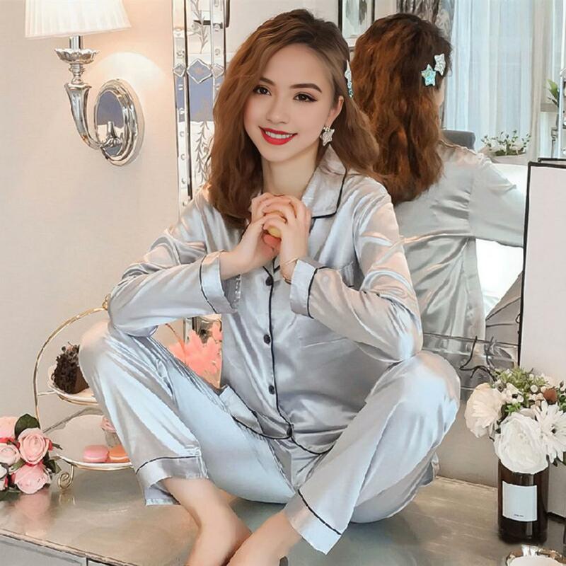 Women Two-piece Loungewear Set Elegant Silky Ice Silk Women's Pajamas Set with Lapel Collar Long Sleeve Shirt Wide for Ladies