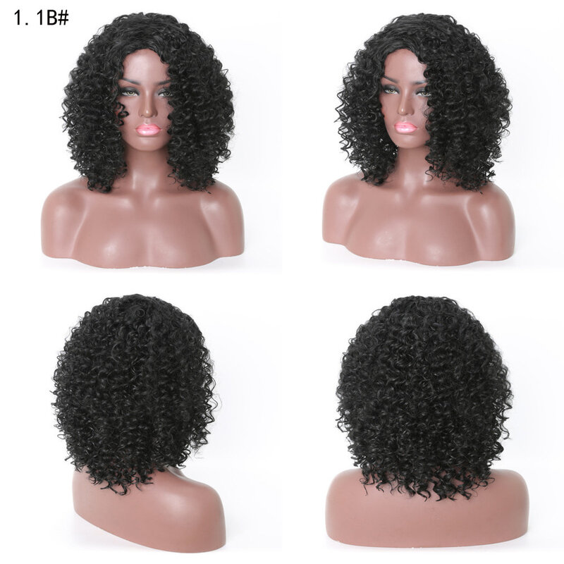 40cm Medium Afro Kinky Curly Wigs With Bangs For Women Synthetic Ombre Natural Heat Resistant Hair Deep Highlight Wigs