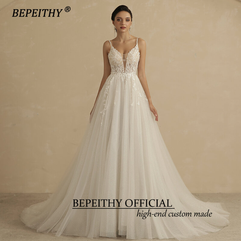 BEPEITHY Deep V Neck Spaghetti Straps A Line Lace Wedding Dresses For Women 2022 Glittler Sleeveless Boho Bridal Party Gown