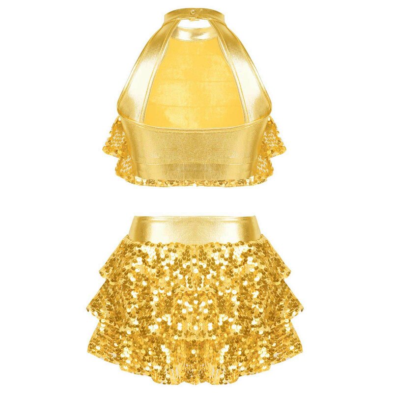 Kids Girls Hip Hop Jazz Latin Dance Performance Costume Sleeveless Round Collar Backless Shiny Sequin Tiered Crop Top with Skirt
