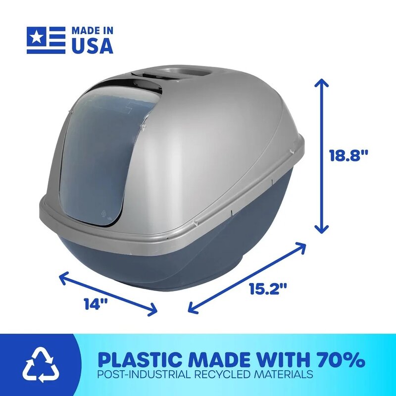 Basic Hooded Enclosed Cat Litter Pan Covered Plastic Box with Door, Large, Blue Silver
