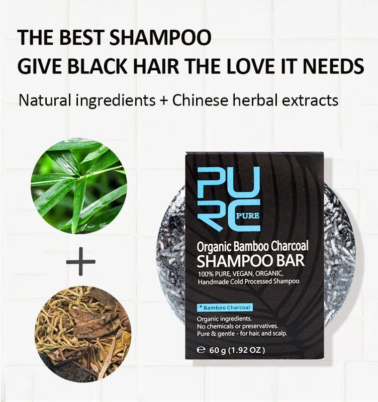 PURC-Shampoo Artesanal em Carvão Vegetal de Bambu Orgânico, Cheio a Frio, Sabonete Espuma, Nutrir e Refrescar, Sabonete Vegano para Cabelo, Rico, 60g