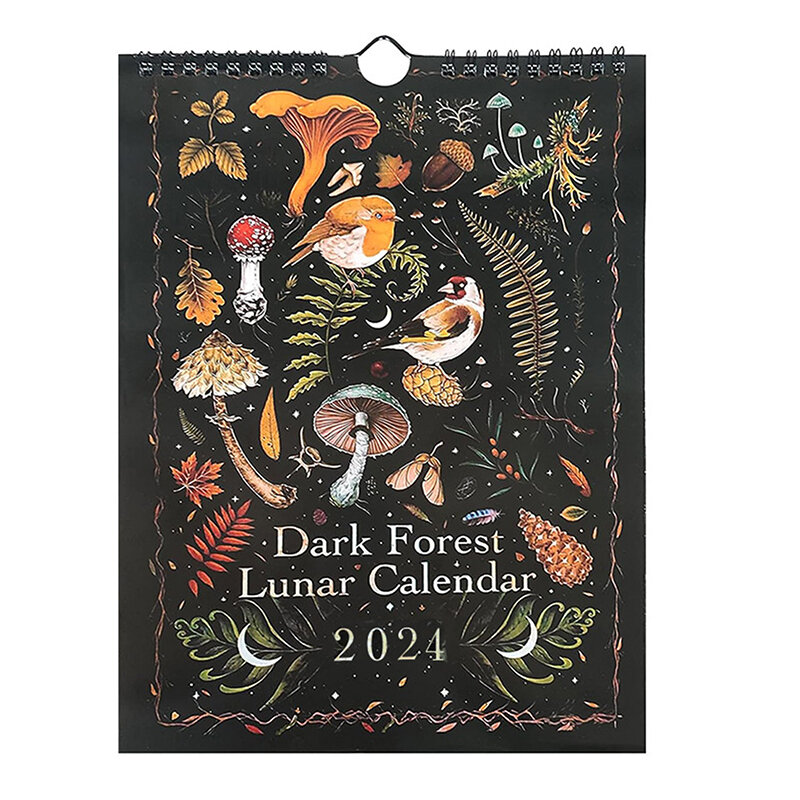 Kalender bulan hutan gelap baru 2024 berisi 12 liontin dinding bergambar asli untuk dekorasi ruang kalender bulan seni rumah kantor