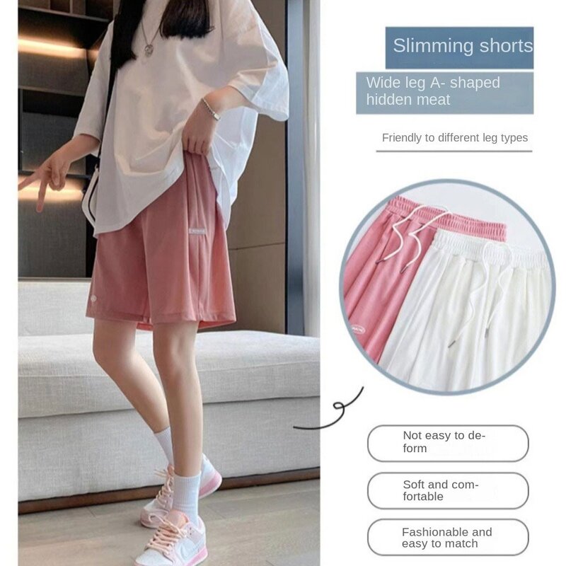 Shorts de níquel de cintura elástica para mulheres moletom de seda gelo, calção de perna reta solta, Terylene Bouncy, moda coreana