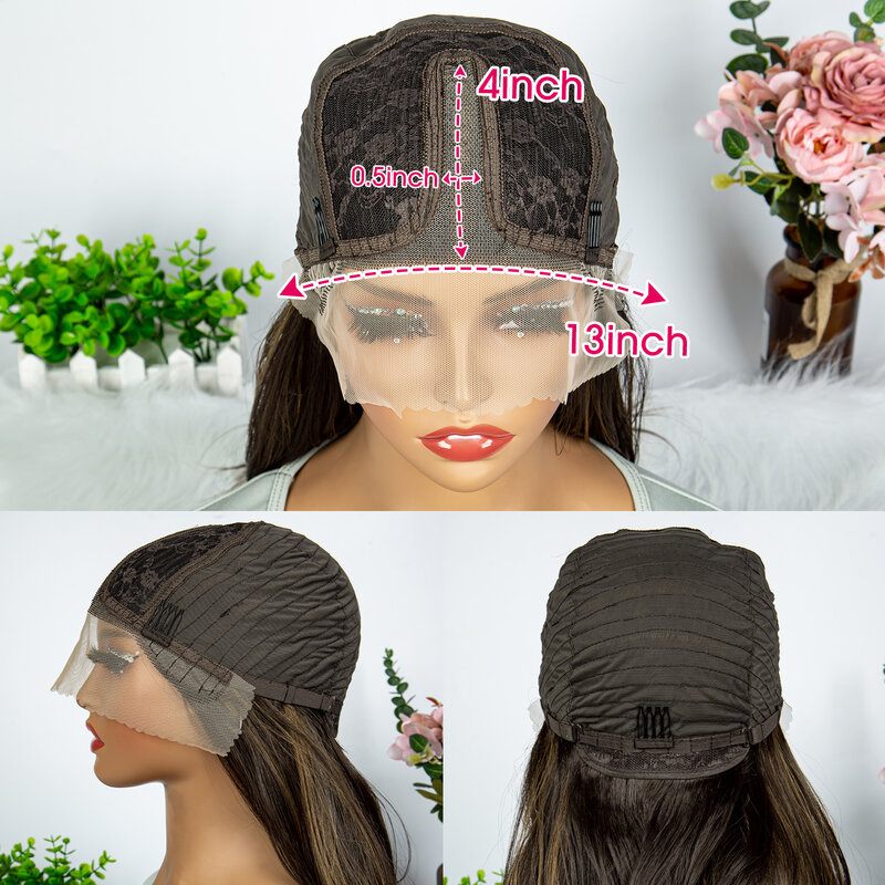 Wig serat sintetis highlight coklat dengan renda rambut lurus depan untuk wanita Wig pesta tahan panas 22 inci bagian tengah