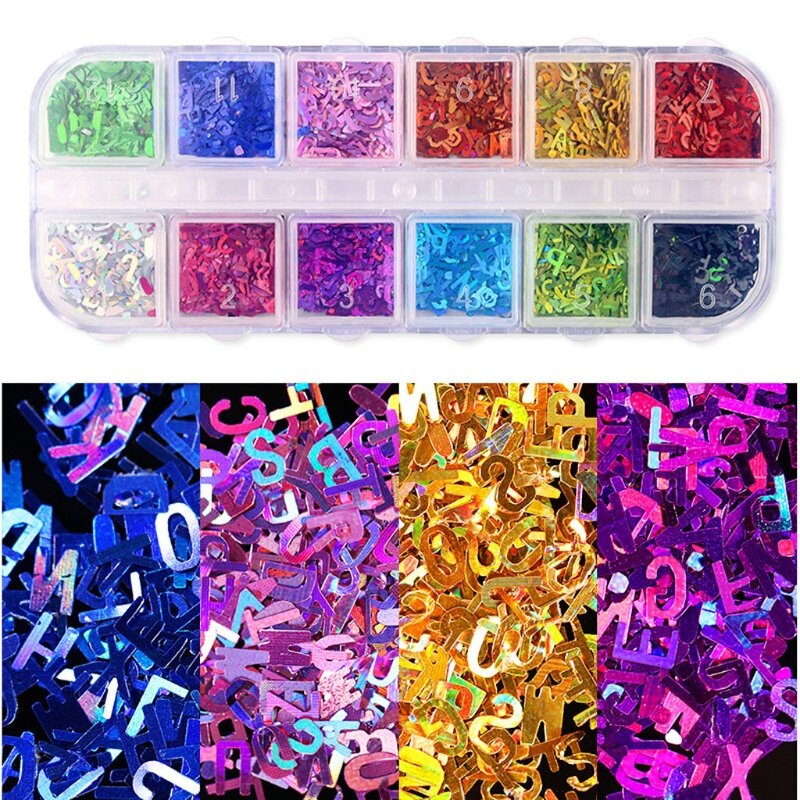 12 cores alfabeto holográfico 26 letras inglês misturado chunky glitter para diy resina epóxi artesanato festival 517f