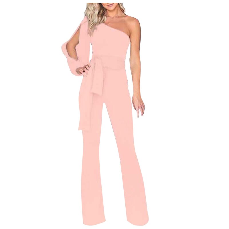 Women'S One-Shoulder Jumpsuits Fashion High-Waisted Solid Color Jumpsuits Open Long-Sleeved Slim Fit Sexy Jumpsuits With Belt