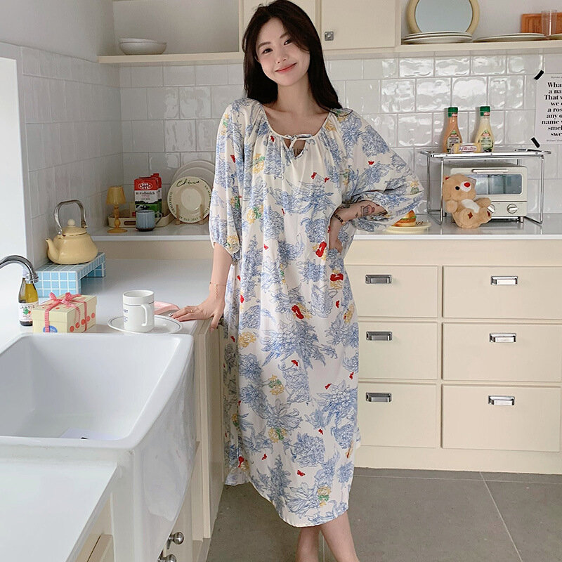 Pijama feminino de meia manga com gola redonda, Camisola de seda de algodão estampado colorido, Roupa doméstica feminina, Doce