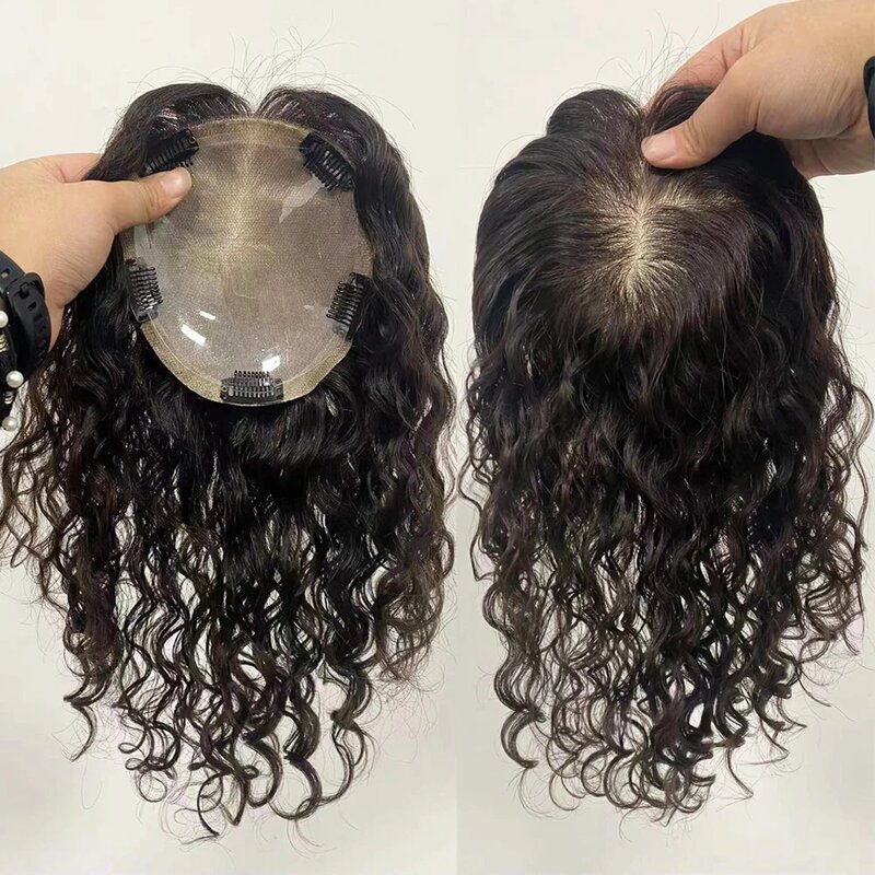 15x17CM Real Breathable Silk Base Topper Human Hair Curly Hand Tied Silk Top Toupee Virgin Hair Piece with Clips in for Women