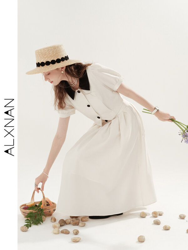 ALXNAN koszula damska i strój 2024 letnie francuskie luźne w talii rozpinane klapy damskie do kostek sukienki TM00105