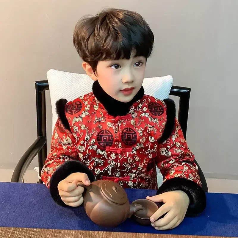 Winter Chinese Traditional 2 Colors Boys' Kids Tang Suit Thickened Children's Ancient Costumes New Year's Clothing Hanfu Top Set