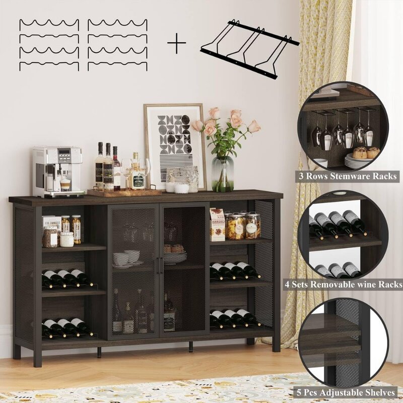 Wine Bar Cabinet for Liquor and Glasses, Industrial Coffee Cabinet, Farmhouse Aparador e Buffet Cabinet com Armazenamento