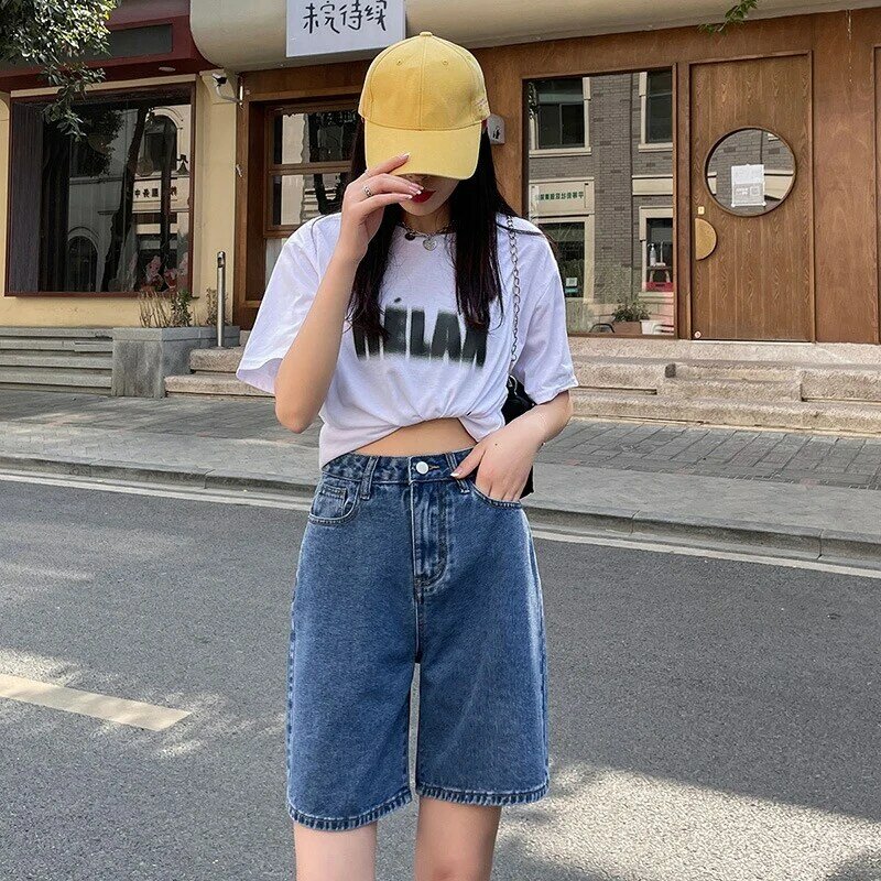 Korean Style Classic Denim Shorts Women Summer Blue High Waisted Shorts Wide Leg Pants Streetwear Stright Jeans Womens Shorts