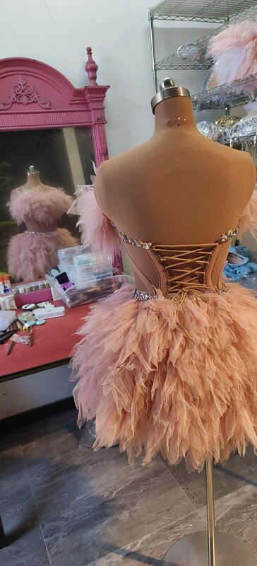 Gaun Bar Klub Malam Gaun Jala Merah Muda Pakaian Prom Pemotretan Wanita Kostum Panggung Dansa Tanpa Lengan Gaun Pesta Pendek Koktail