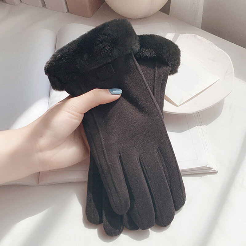 Sarung tangan hangat wanita, sarung tangan layar jari penuh hangat berbulu lucu olahraga luar ruangan musim gugur dan dingin untuk perempuan