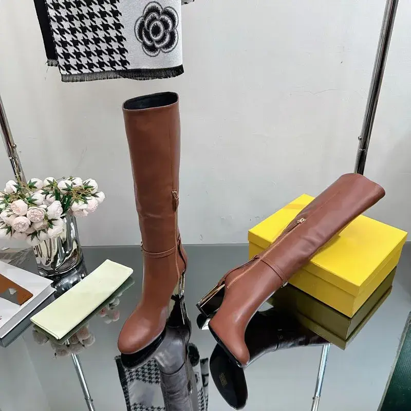 Knee High Square Heels Boots Pointed Toe Zip Genuine Leather High Quality Mental Decor Moderm Boots Mature Comfort Fashion 2023