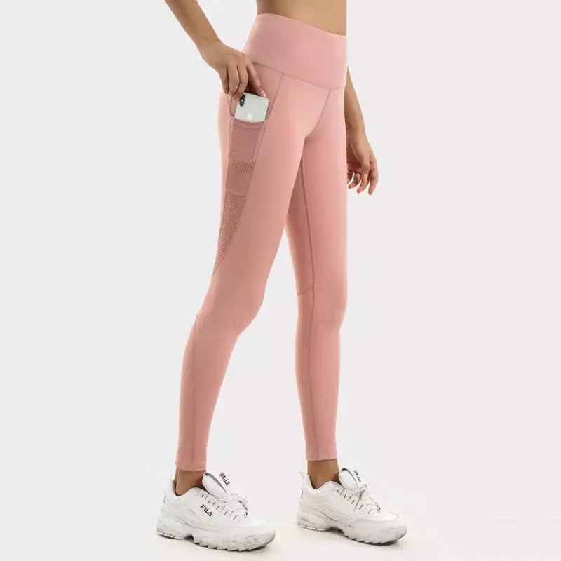 Brzoskwiniowe biodro kieszeń z wysokim stanem damskie spodnie do jogi doszywana siatka obcisłe sportowe spodnie do fitnessu do biegania